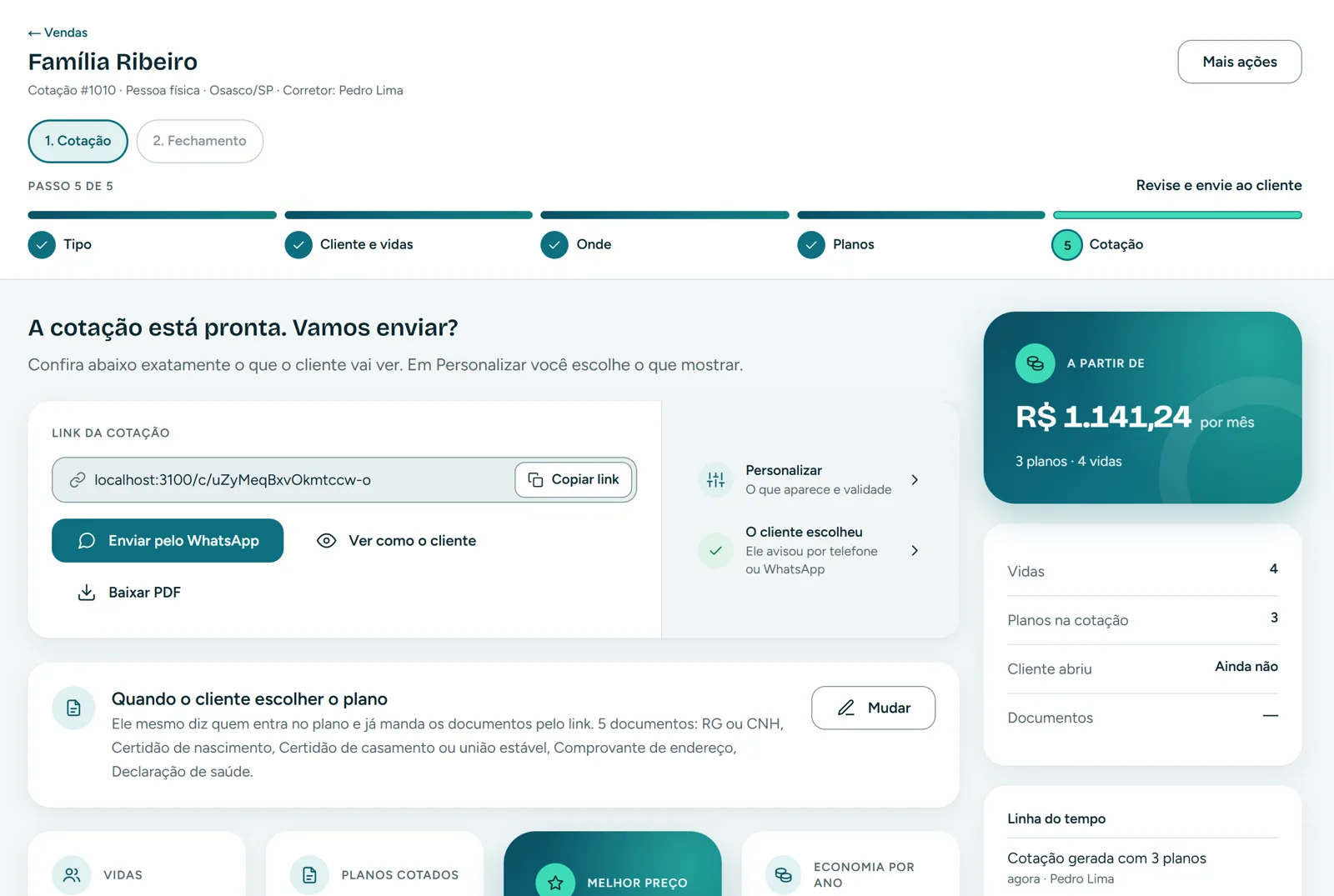 Cotação pronta para enviar ao cliente