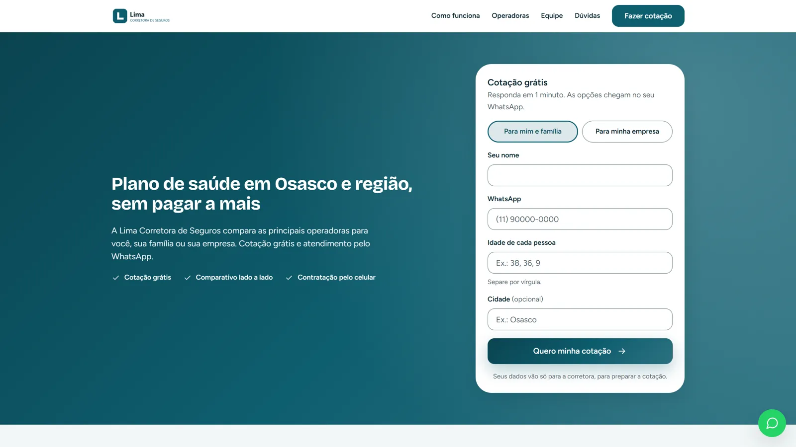Site da corretora com formulário de cotação